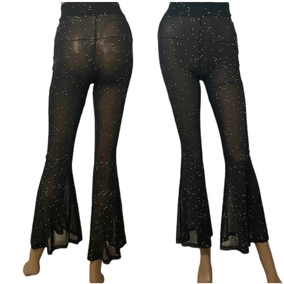 high waist small black sheer mesh studded flare leg pant club rave P2 4559 - Picture 8 of 11